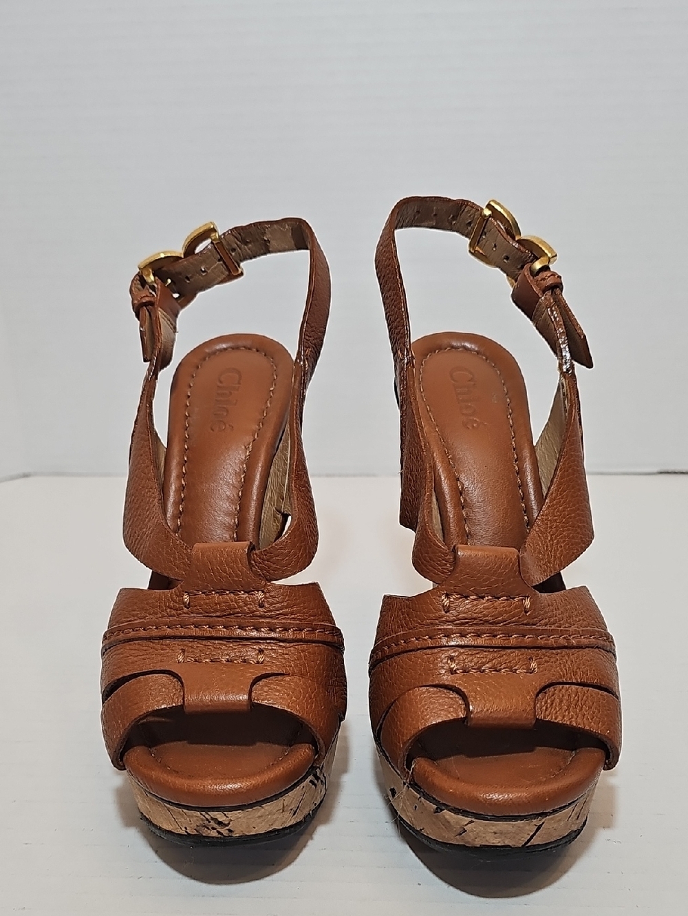 Chloe Brown Leather Cork Wedge Sandals